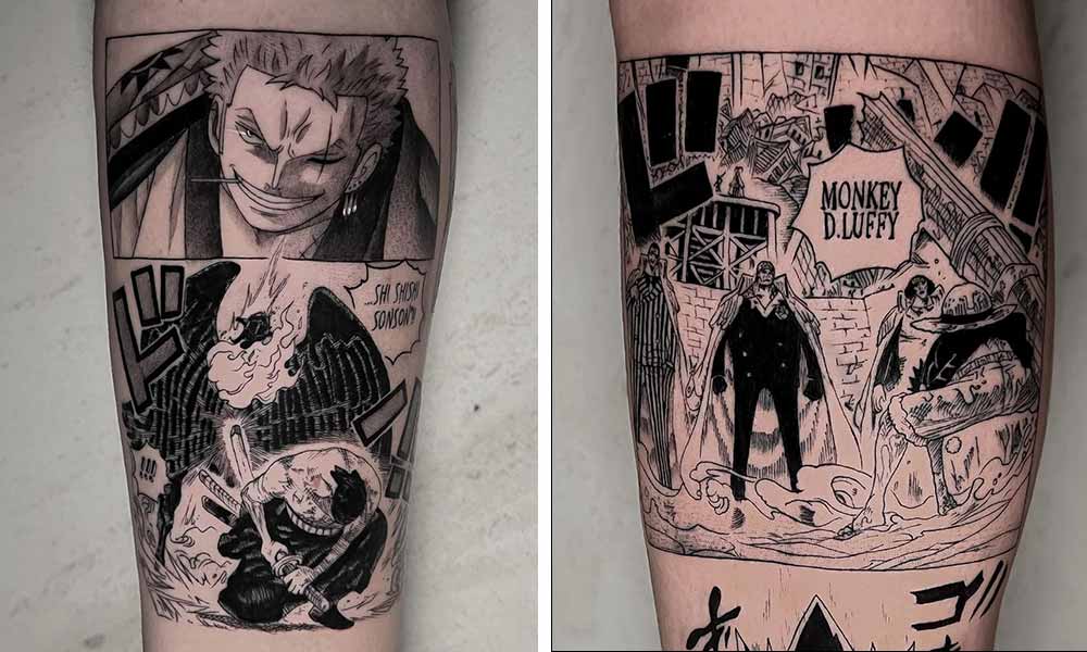 Un one piece tatouage avec des dessins du manga