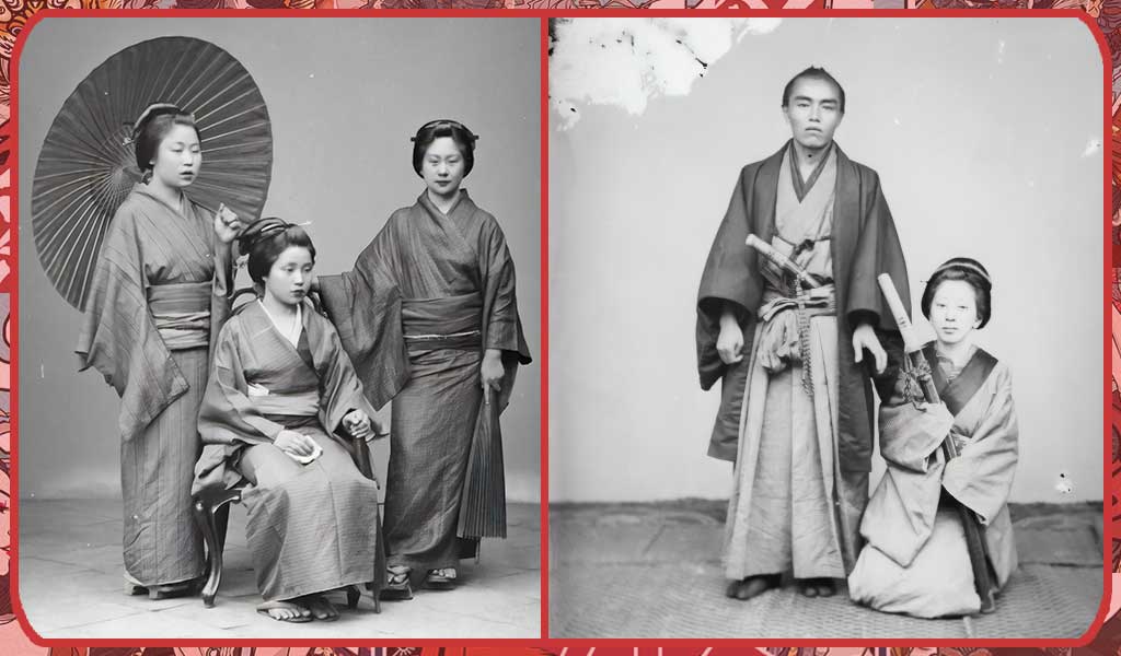 Photo d'hommes et femmes japonaises portant un kimono traditionnel, des sabres katana et des ombrelles