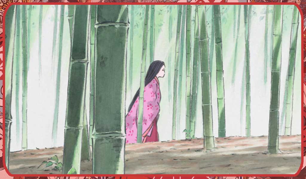 The kaguya princess dressed in a woman's kimono in a bamboo forest
