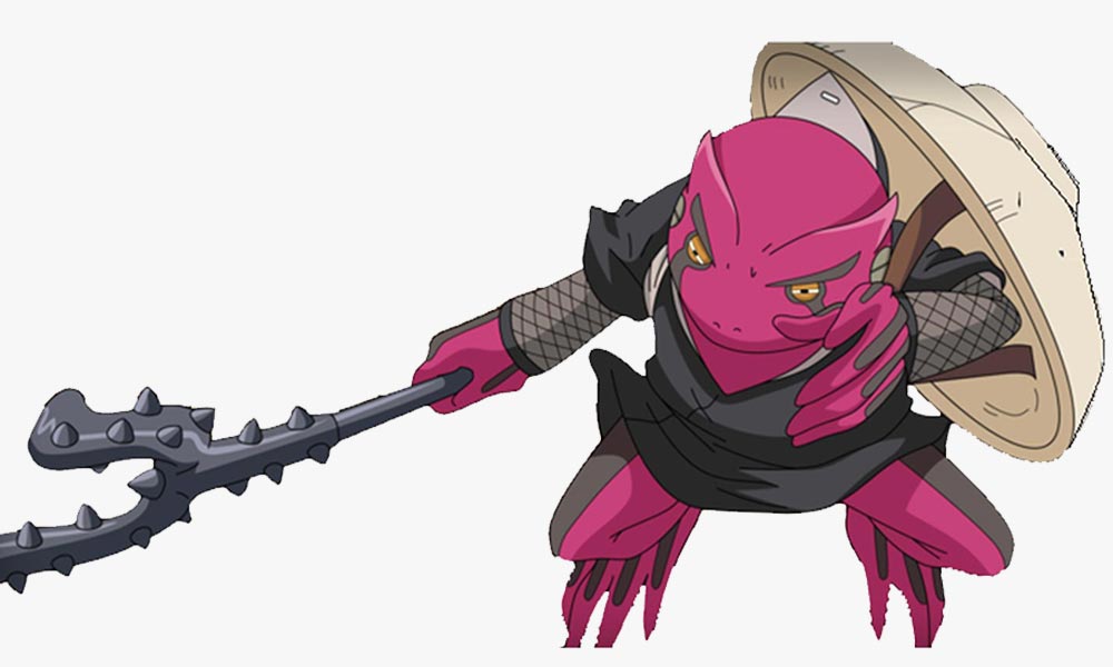 Une grenouille du manga Naruto porte une lance Sasumata. C'est une arme japonaise utilisée pour capturer un ennemi