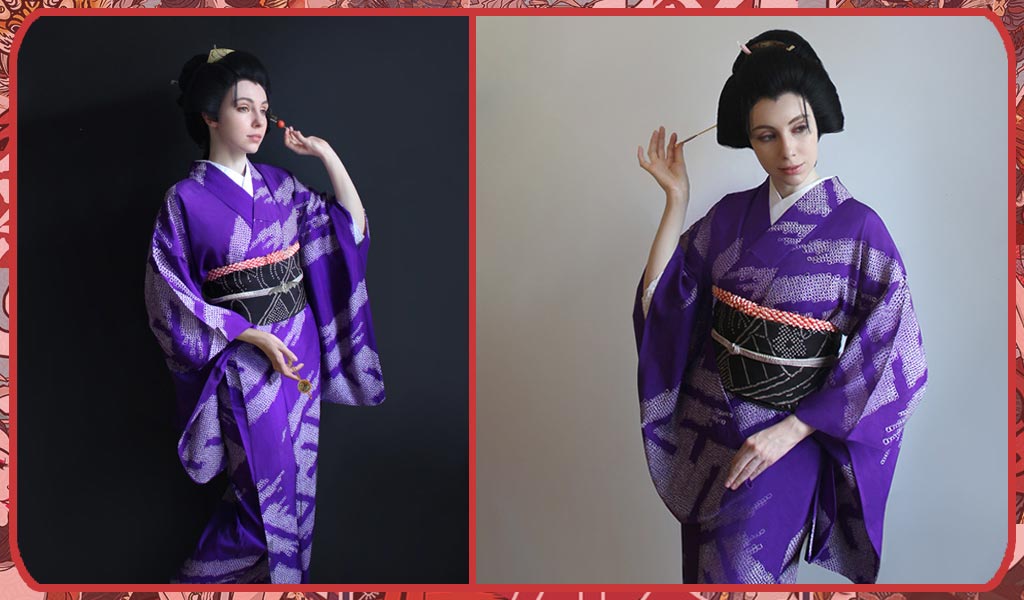 Deux femme portant un shibori kimono de couleur bleu avec une ceinture Obi: Style geisha