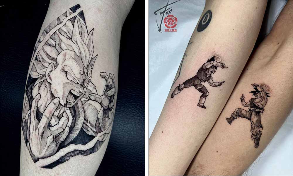 Un tatouage dragon ball avec vegeta et deux autres tatouage de sangoku et vegeta en train de faire la technique de la fusion