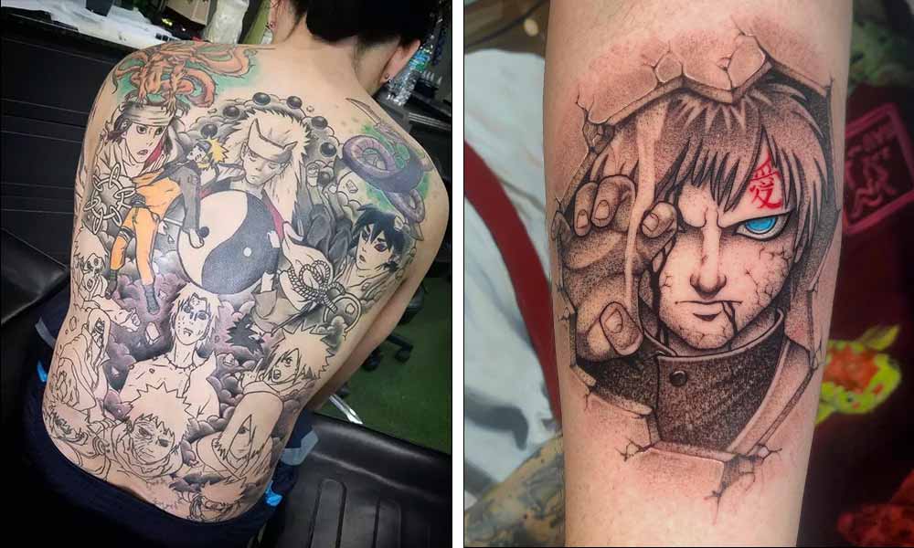 Un tatouage naruto sur un dos avec tous les personnage de la série. Et un tatouage de Gaara sur un bras avec un oeil bleu