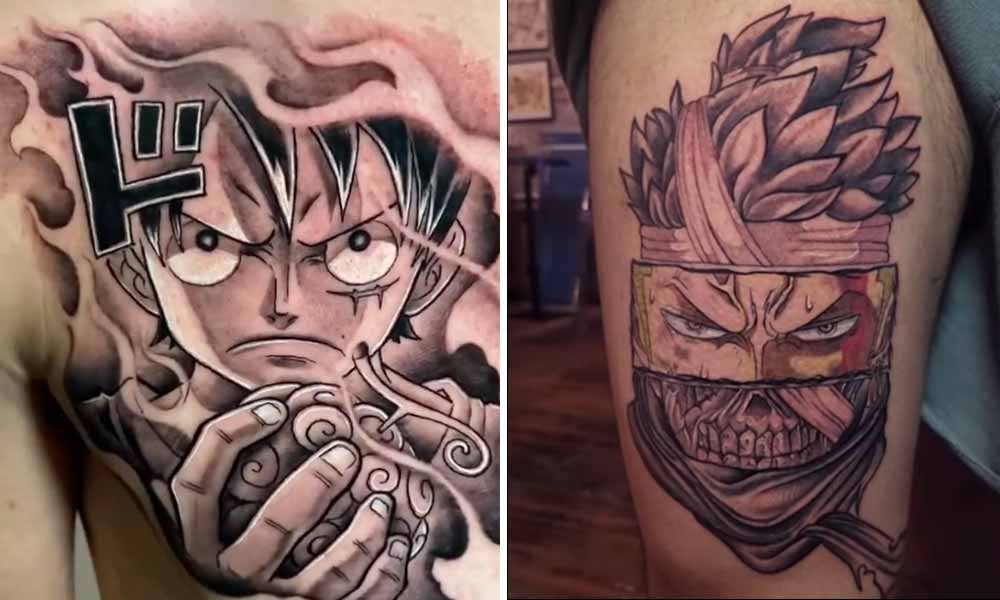 Ce tatouage one piece avec luffy qui tient un fruit du démon. Et un tatouage roronoa zoro en samouraï mort vivant