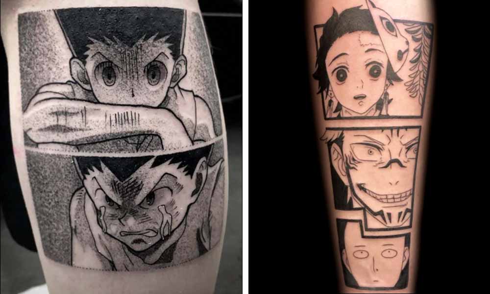 Un tattoo manga Hunter X hunter un tatouage japonais avec les personnages de Jujutsu Kaizen, One punch man et tanjiro de Kimetsu no Yaiba