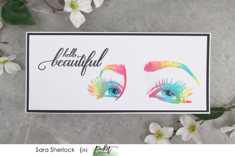 Rainbow Stamped Card, featuring the new stamp set Life Happens, Lashes Help from Picket Fence Studios.