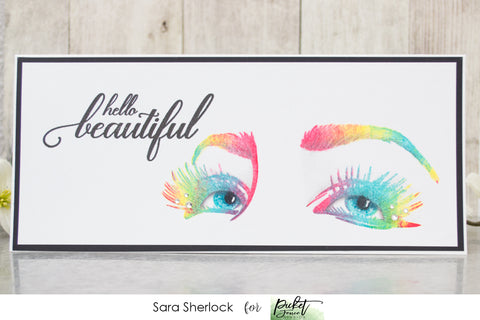 Rainbow Stamped Card, featuring the new stamp set Life Happens, Lashes Help from Picket Fence Studios.