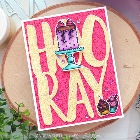 Hooray cake card by Andrea Shell | Hooray Word Die by Picket Fence Studios