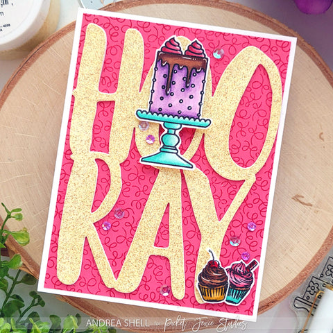 Hooray cake card by Andrea Shell | Hooray Word Die by Picket Fence Studios