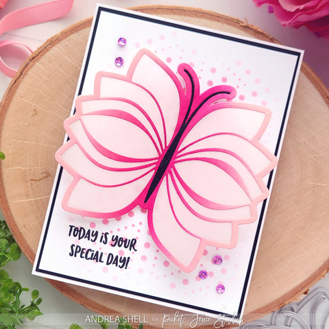 Pink Butterfly card by Andrea Shell | Layering Fauna Butterfly Dies by Picket Fence Studios