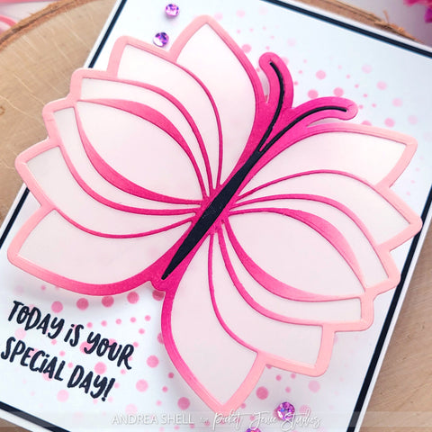 Pink Butterfly card by Andrea Shell | Layering Fauna Butterfly Dies by Picket Fence Studios