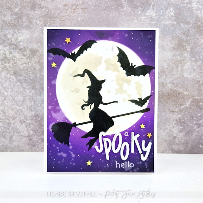 Card with Witch flying past the moon