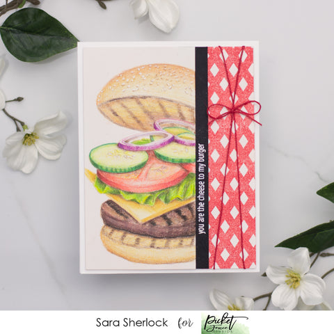 This fun Cheese to my Burger card, was created with the brand new Dad's Day stamp set, along with the Gingham Background stamp.  Image was colored using Prismacolor Colored pencils.