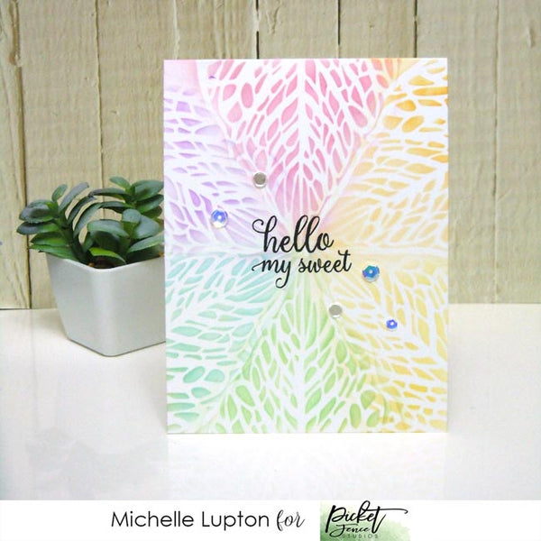 Rainbow hello card with slimline leaf stencil