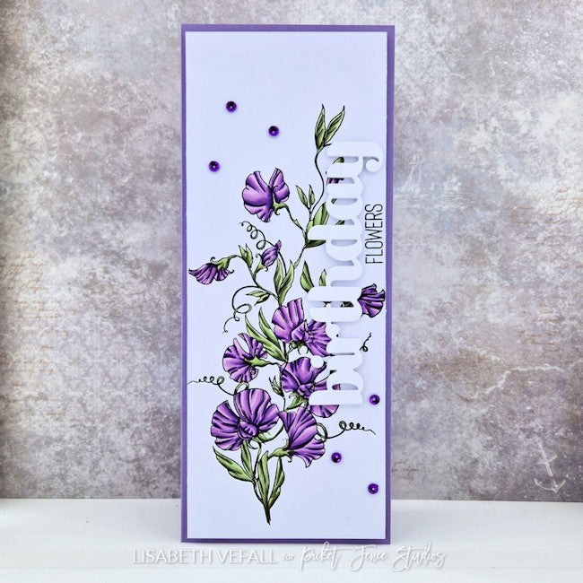 Slim line card with the royal sweet peas stamp