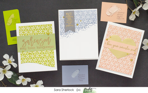 Cards created using the Picket Fence Studios Never Faked a Sarcasm Stamp Set, Flowers Stencil, and custom colors created from Paper Glaze.