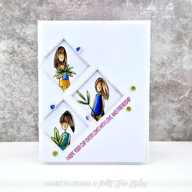 Clean and simple card with diamond shamed window with three girls holding plants.