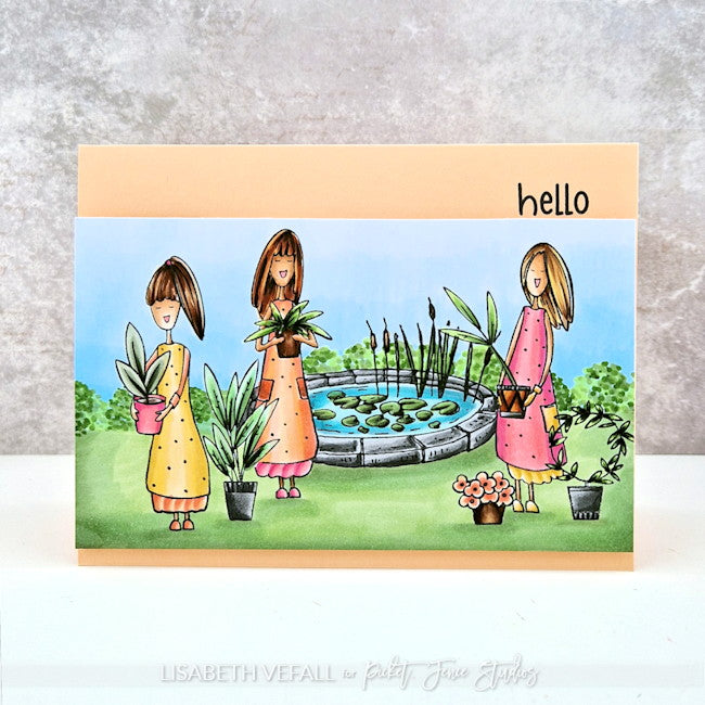 A scenic card with three girls holding plants in front of a pond