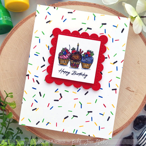 Happy Birthday cupcake card by Andrea Shell | Wreath Building Cupcakes for You stamp by Picket Fence Studios