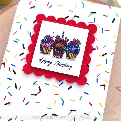 Happy Birthday cupcake card by Andrea Shell | Wreath Building Cupcakes for You stamp by Picket Fence Studios