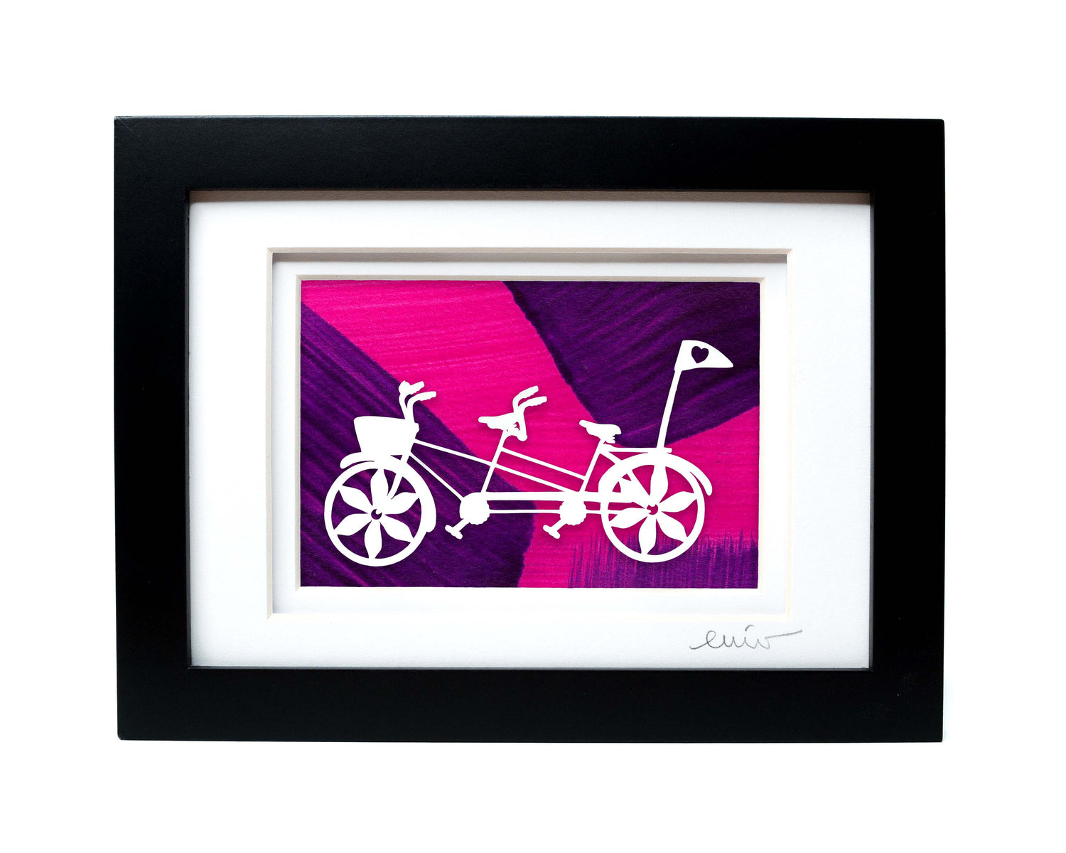 White tandem couples bike with heart flag papercut on hand painted pink and purple background.