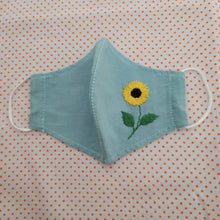 Load image into Gallery viewer, Sunflower hand embroidered face masks, face mask for women, face mask for teens, 3 layer face mask with filter pocket and nose wire
