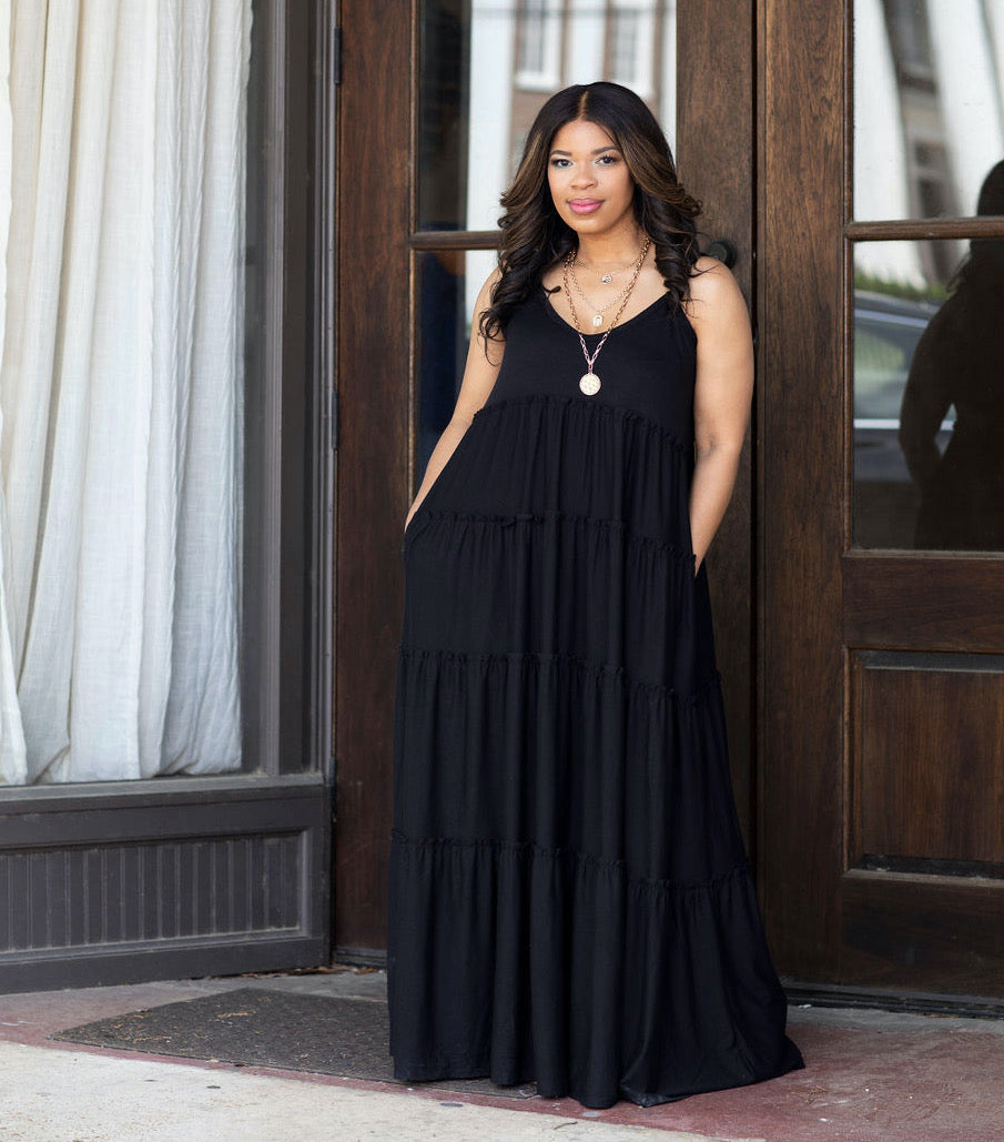 V-NECK TIERED CAMI MAXI DRESS WITH SIDE POCKETS