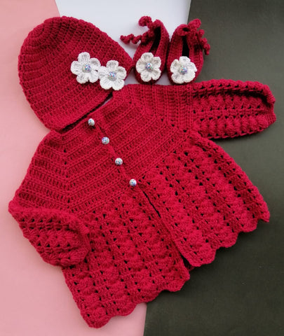 Hand Knitted Newborn Set Sweater With Flower Cap & Booties