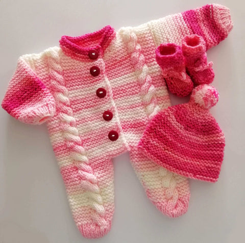 Hand Knitted Baby Romper With Cap & Booties