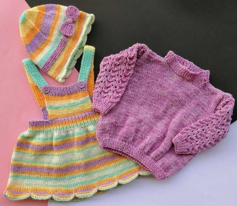 Hand Knitted Baby Half Dungaree Frock Sweater & Cap