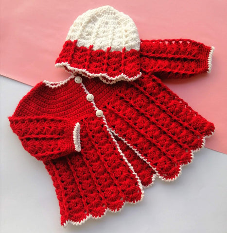 Hand Knitted Baby Sweater & Cap Red & White