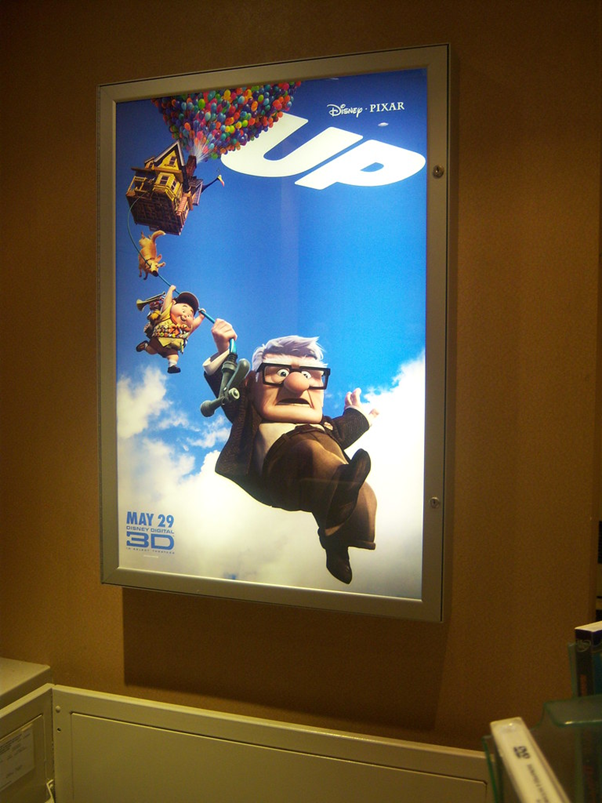 Disney Pixar's all time classic movie, UP, featuring the main character, Carl Frederickson, as well as the supporting cast: Russell, a Boy Scout, Kevin, a bird and Dug, a dog