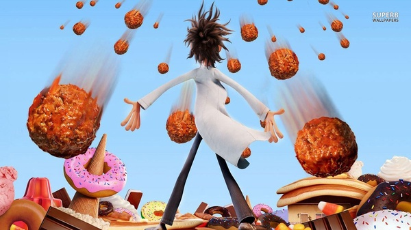 Flint, the main character of Cloudy with a Chance of Meatballs, with his arms outstretched, facing a sky with raining food
