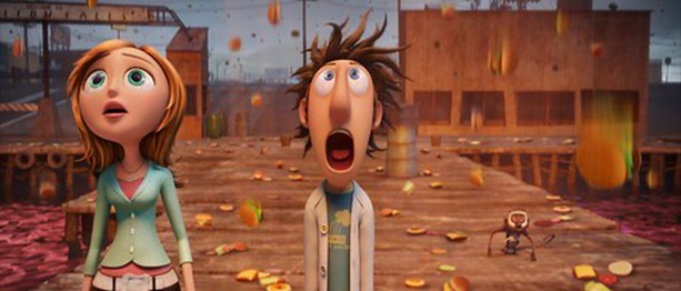 Flint, the main character of Cloudy and the chance of meatballs, with his love interest, Samantha, gawking at the sight of the machine working and raining food