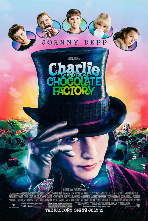 Charlie and the Chocolate Factory's theatrical poster with Mr Willy Wonka, the owner of the Willy Wonka factory