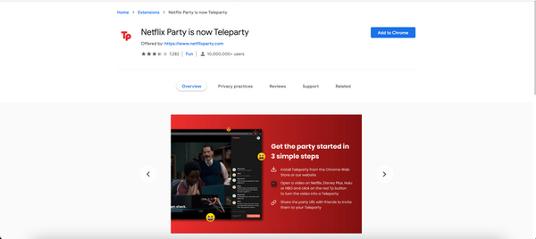 Teleparty is a Chrome extension available for free download on the webstore! Stream movies together with your friends using Teleparty today!