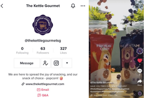Screenshot of The Kettle Gourmet's Tiktok profile page on the left. Screenshot of one of the tiktok videos on the right.
