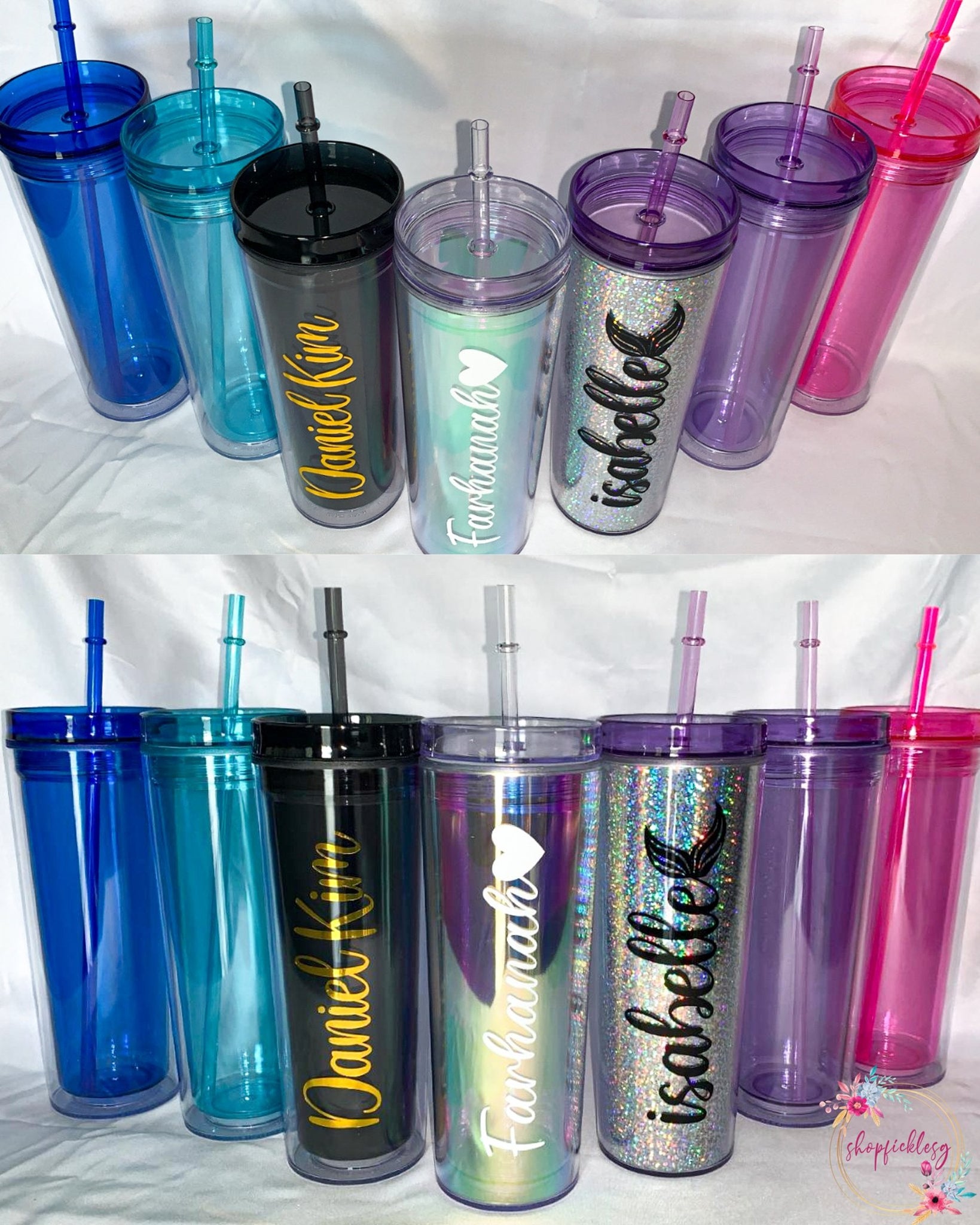Customizable acrylic tumblers by Shopficklesg which comes in various colours and fonts