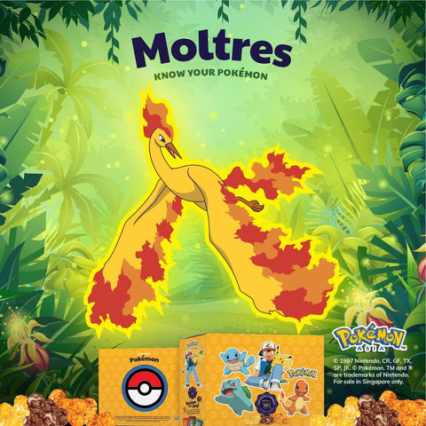 The Kettle Gourmet Pokémon gift box contains 5 different collectable cut-outs up for grabs, such as Moltres.