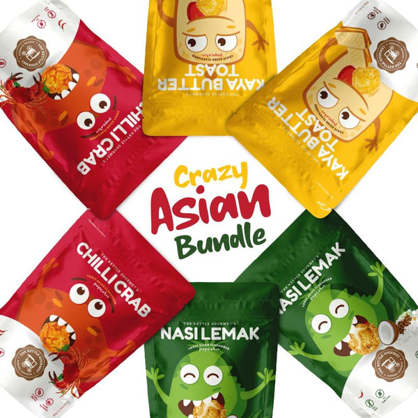 Crazy Asian Bundle featuring The The Kettle Gourmet's local flavors popcorn: Chilli Crab, Nasi Lemak, Kaya Butter Toast