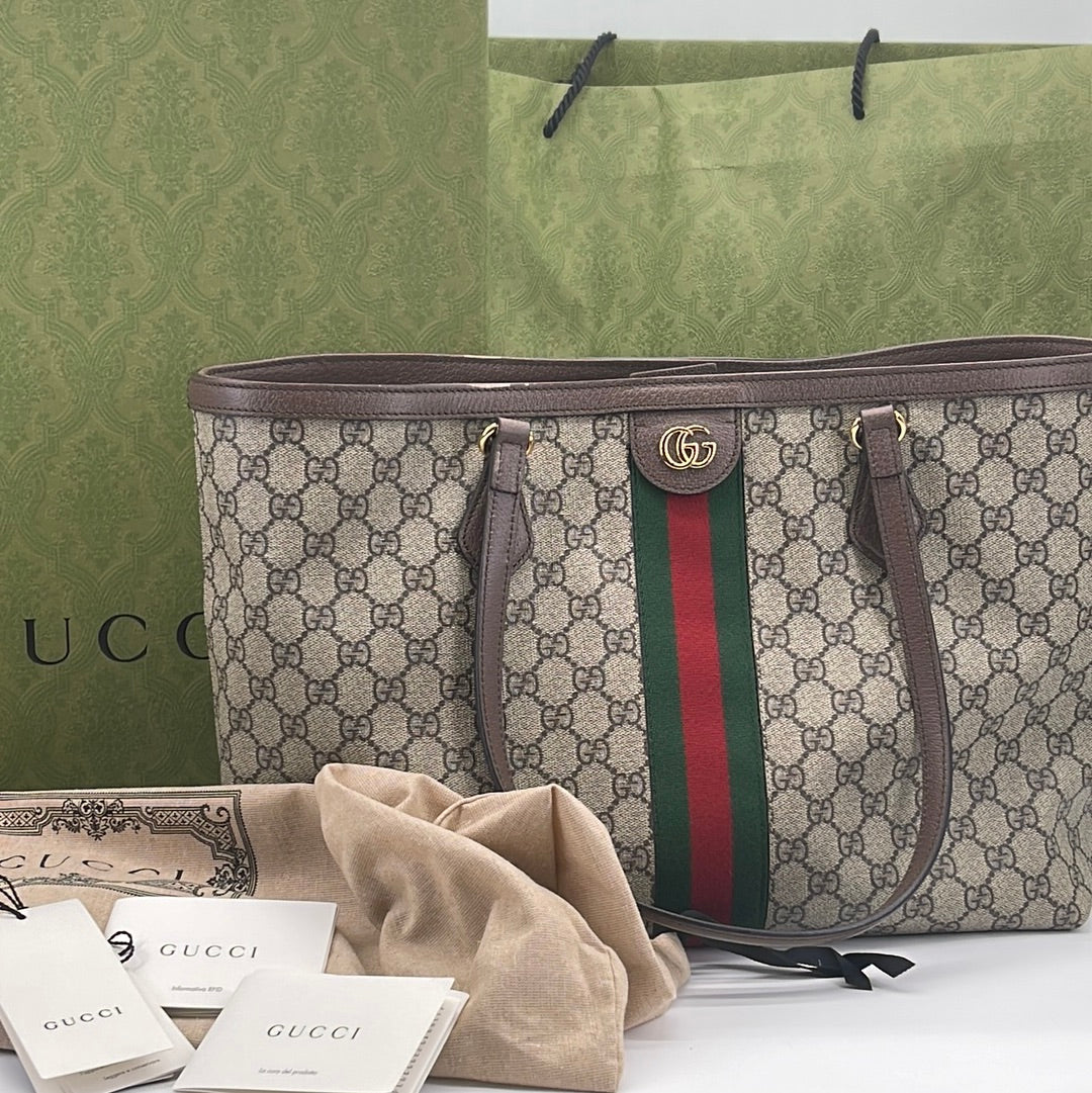 LIKE NEW) GUCCI Ophidia Beige/Ebony GG Supreme Medium Tote Bag 631685 –  KimmieBBags LLC