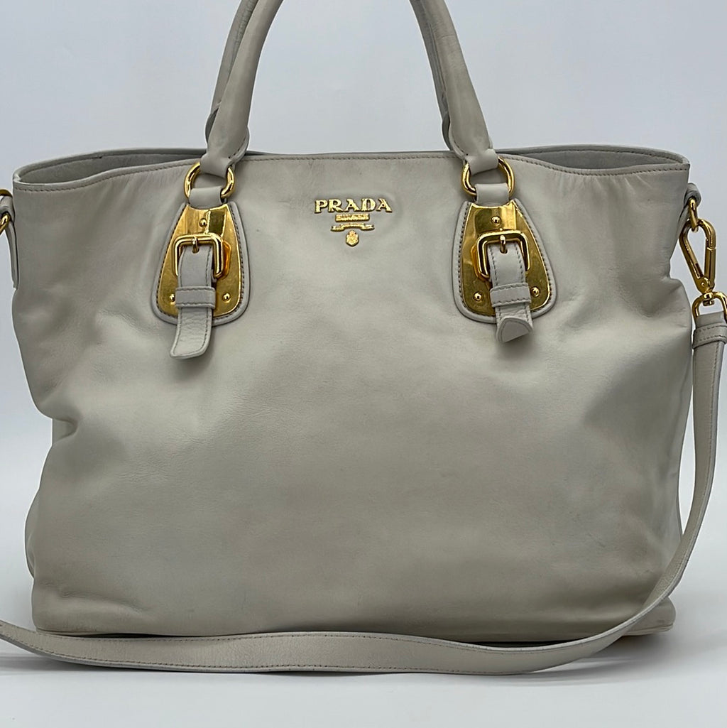 Preloved Prada Gray Vitello Shine Leather Large Hobo Bag 194 092123