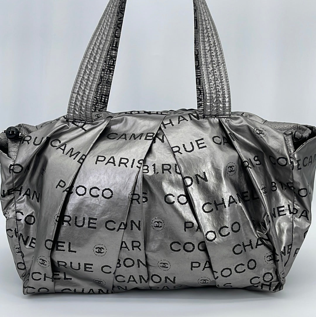 Chanel Silver Nylon 31 Rue Cambon Graphic Drawstring Tote at