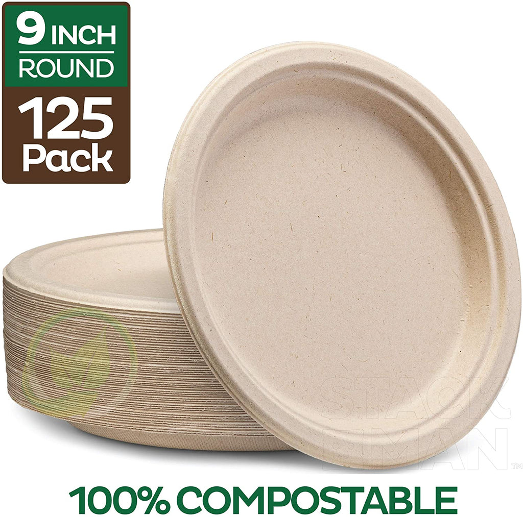 Footprint eco-friendly 200 Pack Fiber 9” 3-Cavity Take Out Food Containers  with Clamshell Hinged Lid (Natural look) - biodegradable, plant-based fiber
