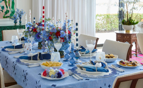 Memorial Day Blue and White Table, with our Fez Tablecloth, Dip Dye Napkin, and Sea Stone Napkin Ring