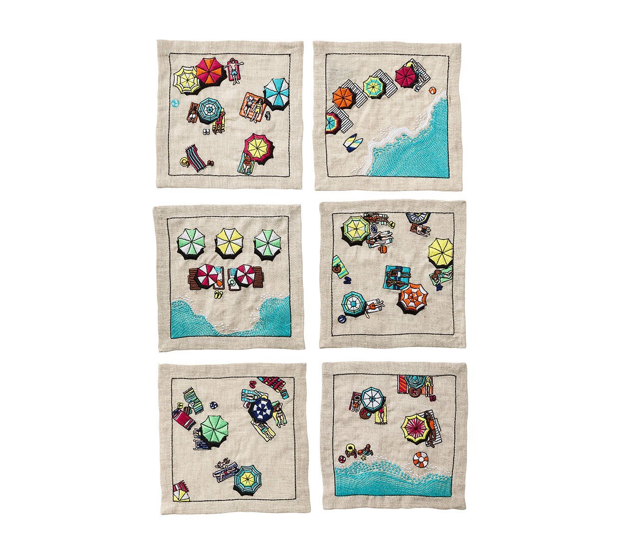 Kim Seybert Luxury Beach Day Cocktail Napkins in Natural & Multi , Set of 6 in a Gift Box