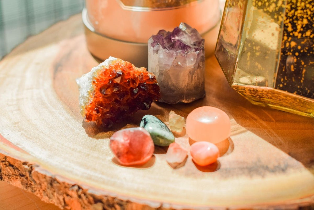 Amethyst and other gemstones on a table