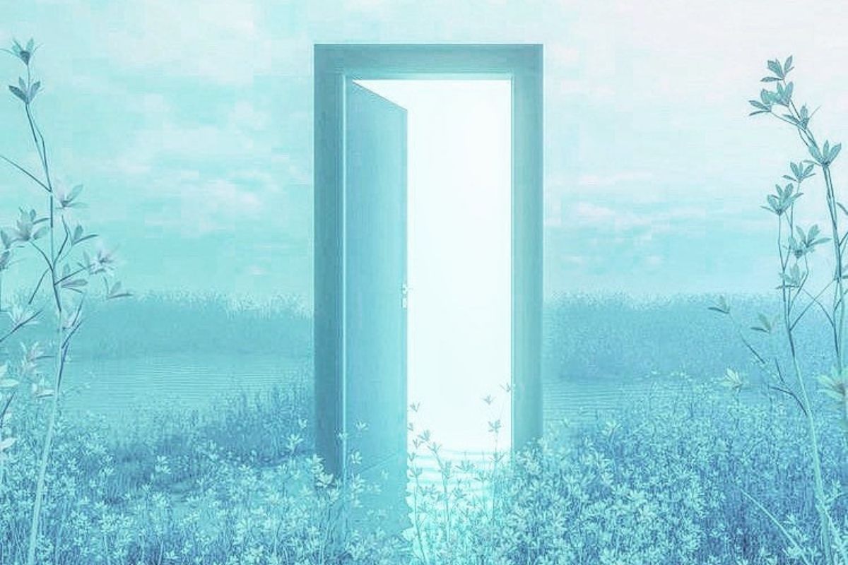 blue door against blue meadow