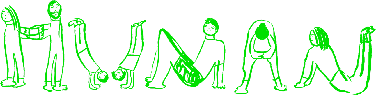 illustration of people stretching and being active, their body shapes make out the word HUMAN