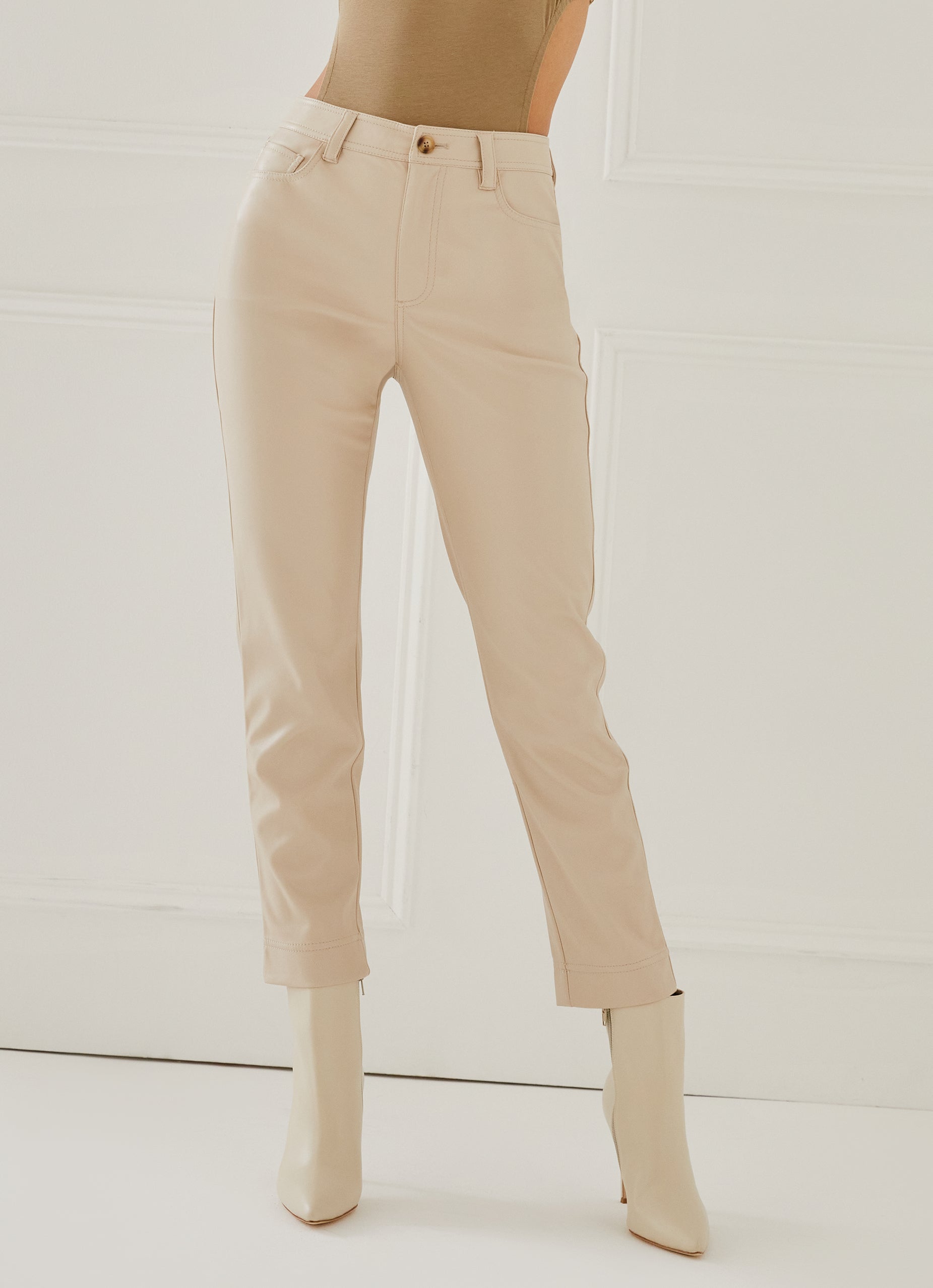 Ecru Faux Leather Straight Leg Trousers